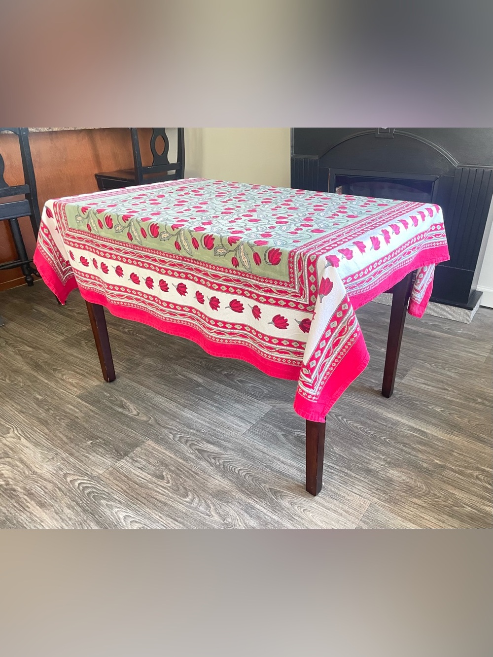 Couleur Nature Bruno Lamy Tablecloth Block Print Cotton Sage Green & Red 59x59